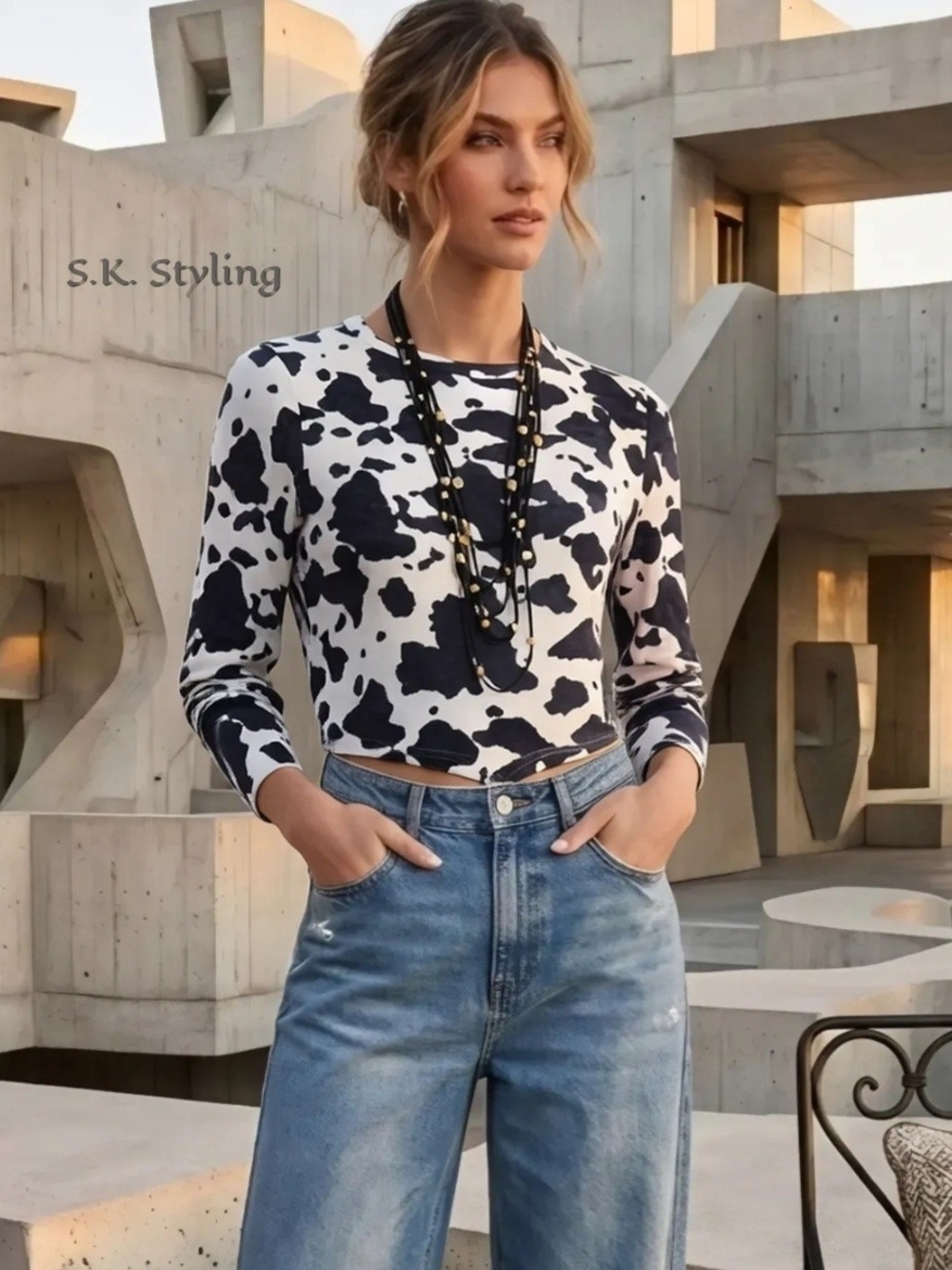 Altar'd State Cropped Soft Sweater Knit Top Long Sleeve Cow Print size M/Large